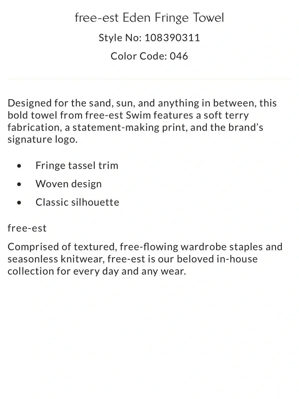 NWT - Free People Free-est Eden Fringe Towel